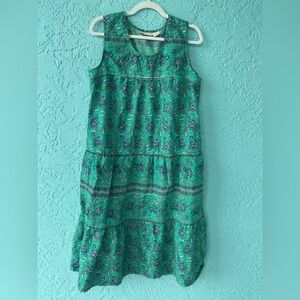 LaCera Sleeveless All Cotton Green Print Tiered Dress Large